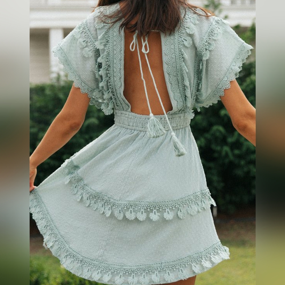 Lace Detail Plunge Short Sleeve Mini Dress - Picture 10 of 13